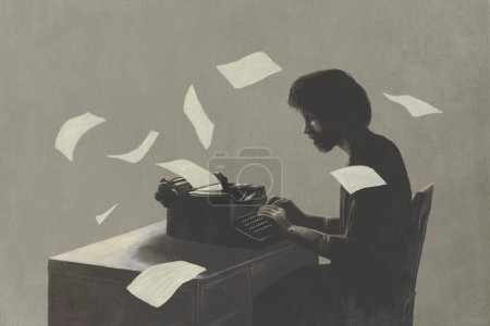 Téléchargez les photos : Illustration d'un homme d'affaires vintage tapant des documents sur une machine à écrire, concept surréaliste - en image libre de droit