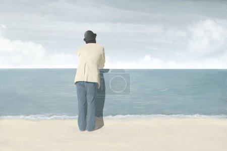 Illustration of man looking beyond the sea, surreal optical illusion perception conceptual