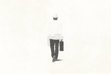 Illustration d'un homme noir et blanc minimal marchant dans le concept surréaliste abstrait et blanc