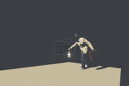Téléchargez les photos : Illustration de l'homme avec lampe marchant en dehors de l'obscurité, concept d'entreprise minimal - en image libre de droit