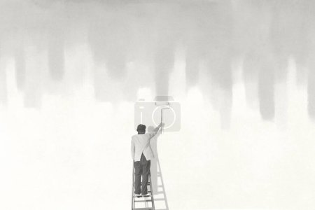 Téléchargez les photos : Illustration de l'homme peignant un mur sur le dessus de l'escalier, concept surréaliste nouvelle vie - en image libre de droit
