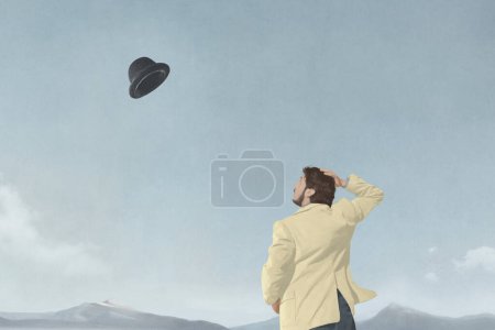 Téléchargez les photos : Illustration d'un homme surpris parce que le vent a soufflé son chapeau dans le ciel, concept abstrait surréaliste - en image libre de droit