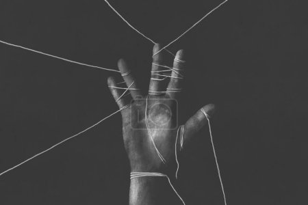 Téléchargez les photos : Illustration d'une main attachée noire, concept minimal abstrait surréaliste - en image libre de droit