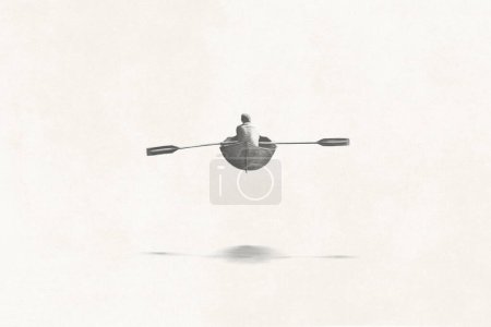 Téléchargez les photos : Illustration de l'homme noir et blanc sur un canot volant au-dessus de la mer, concept abstrait surréaliste - en image libre de droit