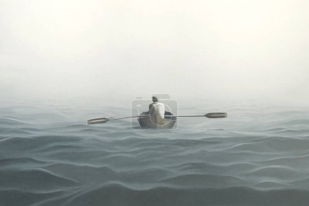 Téléchargez les photos : Illustration de l'homme pagayant sur un canot perdu dans la mer, concept abstrait de solitude - en image libre de droit