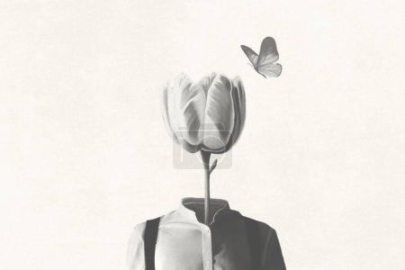 Illustration de l'homme surréaliste avec forme de tête de tulipe et papillon, concept abstrait romantique surréaliste