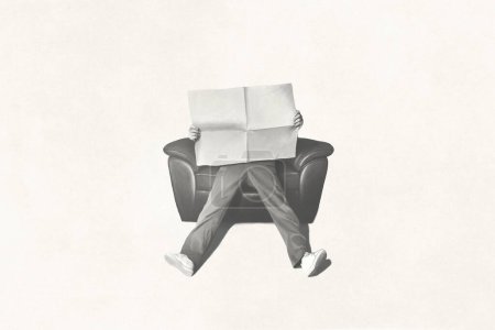 Téléchargez les photos : Illustration d'un homme lisant un journal assis sur un canapé, concept minimal - en image libre de droit