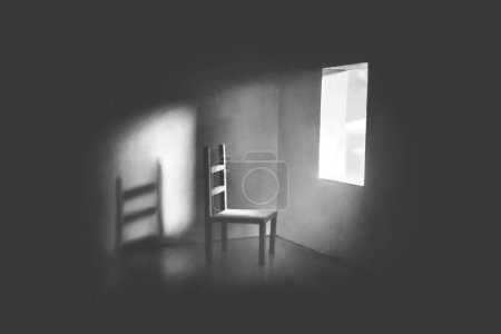 Ilustración de ventana abierta en una habitación vacía, en blanco y negro 