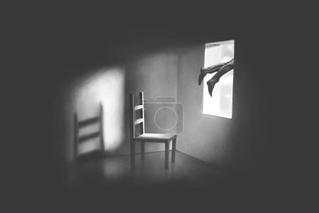 Illustration of man flying out of a window, black and white surreal concept