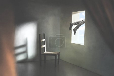 Photo for Illustration of man flying out of a window, surreal concept - Royalty Free Image