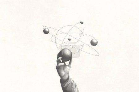 Foto de Ilustración de la mano celebración esfera que representa las actividades de los planetas, ciencia concepto surrealista - Imagen libre de derechos