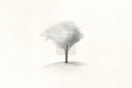Téléchargez les photos : Illustration d'arbre nuageux surréaliste minimaliste, concept naturel abstrait - en image libre de droit