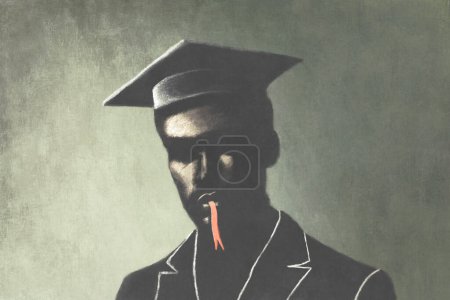 Téléchargez les photos : Illustration de portrait d'un homme diplômé avec langue de serpent, mauvaise éducation concept surréaliste - en image libre de droit