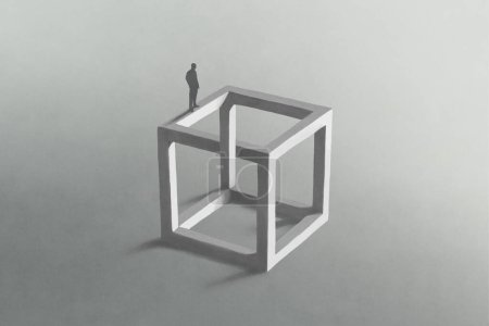Illustration of man walking on enigmatic cube, surreal optical illusion concept