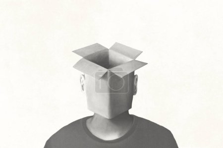 Téléchargez les photos : Illustration du portrait d'un homme surréaliste avec boîte vide au-dessus de sa tête, concept abstrait - en image libre de droit