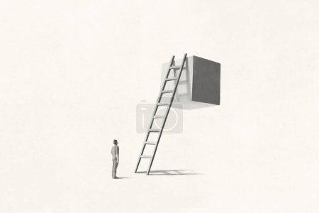 Téléchargez les photos : Illustration d'un homme songeant à monter des escaliers pour atteindre le sommet d'un bloc suspendu, risque conceptuel - en image libre de droit