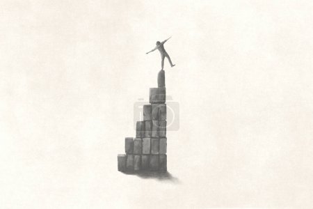 Téléchargez les photos : Illustration de l'homme en haut des escaliers, concept de réussite et de risque - en image libre de droit