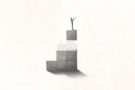 Téléchargez les photos : Illustration de l'homme sur le dessus d'un cube suspendu observant l'avenir, concept surréaliste - en image libre de droit