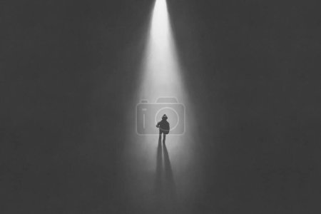 illustration of man walking in the night toward a cone of light, surreal conceptual
