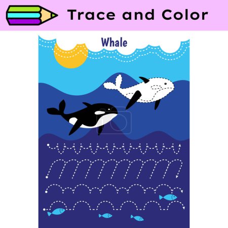 Lápiz trazado de líneas de actividad hoja de trabajo para niños. Control de lápiz para niños que practican habilidades motoras. Hoja de trabajo educativa imprimible de ballenas. Ilustración vectorial