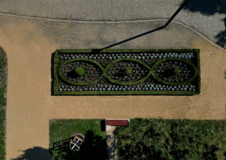 Photo for Rectangular flowerbed bordered and divided by a boxwood hedge and solitaire balls in a clipped shape. the squiggle is repeated three times as a green ribbon in the ornament, landscaping, cobblestone - Royalty Free Image
