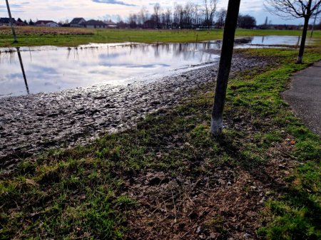 waterlogged soil in the park does not receive water from the spring rain. poorly executed drainage or cracked automatic irrigation pipeline created a flood, a road accident near the road