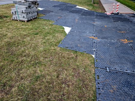 driveway for construction equipment, work in gardens, when repairing apartment buildings on lawn or on sidewalk, arrange where you need to protect area, prevention of damaging effects, light, rent