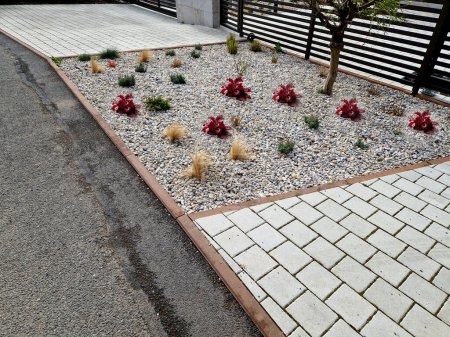 lit de fleurs ornementales avec des blocs de granit gris et de pin vivaces, écorce paillée et cailloux dans un cadre urbain près du centre commercial du stationnement.
