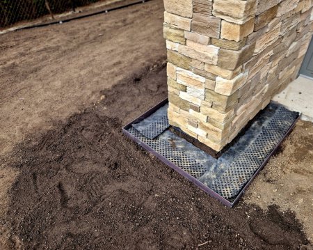 around the house it is always necessary to create a gutter path made of gravel and pebbles. serves to absorb water and ventilate the walls of the house. installation of curb steel sheets. membrane foil
