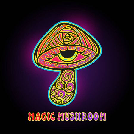 Photo for Magic Mushrooms. Psychedelic poster. illustration. Zen art. Decorative mushrooms, hippie hallucination psilocybin 60s 70s - Royalty Free Image