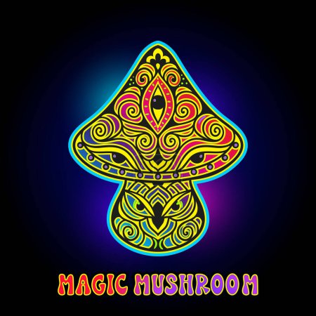 Illustration for Magic Mushrooms. Psychedelic poster.Vector illustration. Zen art. Decorative mushrooms, hippie, hallucination psilocybin 60s 70s - Royalty Free Image