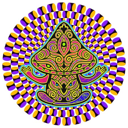 Ilustración de Setas mágicas psicodélicas Ilusión óptica. Ilustración vectorial. Color redondeado, Setas decorativas, hippie, alucinación, psilocibina 60s 70s neón - Imagen libre de derechos