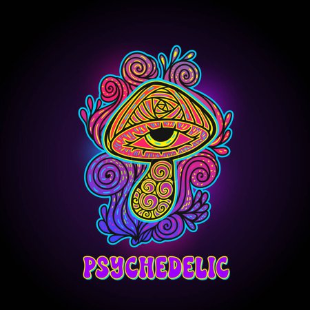 Illustration for Magic Mushrooms. Psychedelic fluorescent, neon poster. Vector illustration. Zen art. Decorative mushrooms, hippie, hallucination, psilocybin 60s 70s purple black - Royalty Free Image