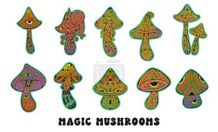 Illustration for Psychedelic Magic Mushrooms. Vector illustration neon. Zen art. Decorative mushrooms, hippie, hallucination psilocybin 60s 70s - Royalty Free Image