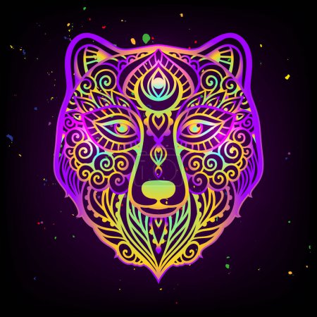 Illustration for Bear head psychedelic mandala. Vector illustration. Colorful Ethnic drawing. Bear animal in Zen boho style. For party hippie, hallucination psilocybin 60s, 70s - Royalty Free Image