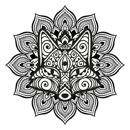 Téléchargez les illustrations : Tête de renard sur Mandala. Illustration vectorielle. Fleur Dessin ethnique. Renard décoratif animal dans le style boho zen. Boho, hippie pour la décoration - en licence libre de droit