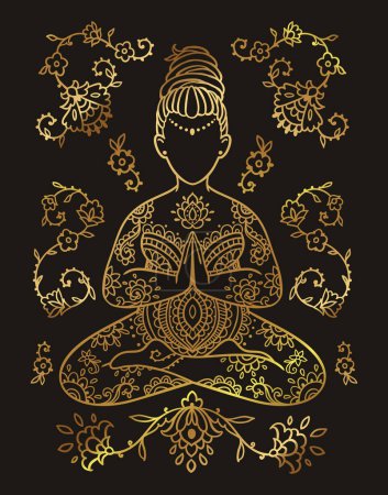 Illustration for Plus size Yoga Girl Gold color. Ornamental feminine Vector illustration. Medallion yoga lotus pose india arabic style. Body positive consept. - Royalty Free Image