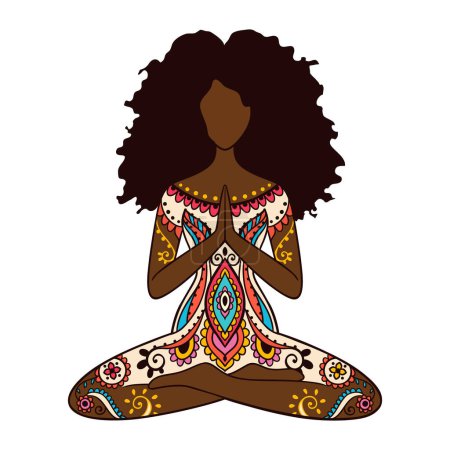 Illustration for Yoga girl. African american woman doing yoga. Ornament Meditation pose. India ethnic vector illustration style. Black woman lotus Yoga pose - Royalty Free Image