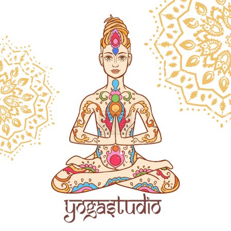 Illustration for Yoga man with dreadlock. Ornament beautiful line art. Concept of meditation. Geometric element hand drawn. Vector illustration for design for logo, banner flyers. India ethnic style Yoga pose with - Royalty Free Image