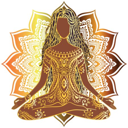 Illustration for Yoga girl. african american woman doing yoga. Dreadlocks hairstyle Ornament Meditation pose. India ethnic vector illustration style Yoga pose with mandala - Royalty Free Image