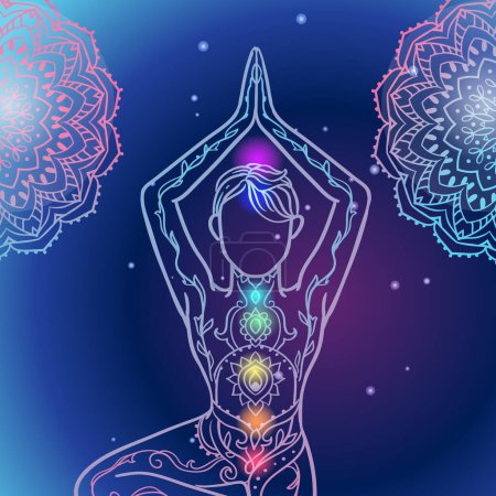 Illustration for Yoga man. Ornament beautiful esoteric Concept of meditation. Geometric element hand drawn. Vector illustration for design for logo, banner flyers. India ethnic style Yoga pose with mandala and chakras - Royalty Free Image