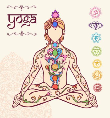 Illustration for Yoga man. Ornament beautiful Concept of meditation. Geometric element hand drawn. Vector illustration for design for logo, banner flyers. India, ethnic style Lotus pose with mandala. Breathe - Royalty Free Image