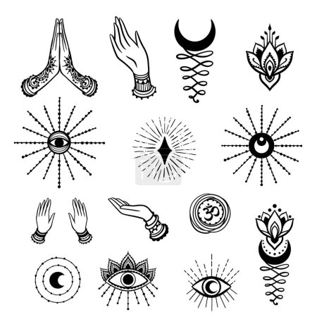 Ilustración de Conjunto de finas Manos de Yoga esotérico de elemento mujer. Ilustración vectorial sobre estilo étnico. - Imagen libre de derechos