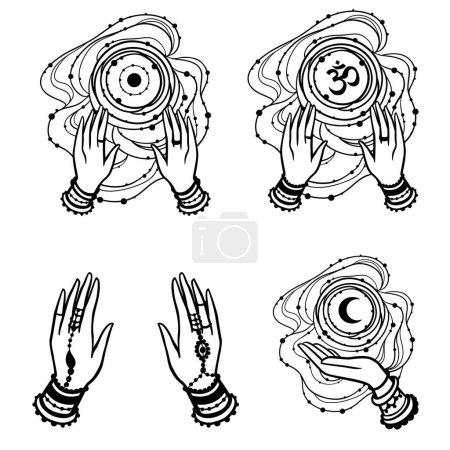 Illustration for Yoga OM namaste. Hands of woman element. Vector illustration on ethnic style. - Royalty Free Image