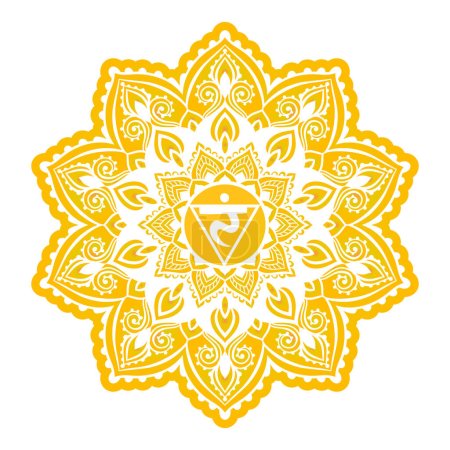 Illustration for Manipura Third chakra coloring vector illustration. Yellow Color. Solar Plexus chakra. For logo yoga healing meditation. Beautiful outline mandala. Ethnic, Indian style. - Royalty Free Image