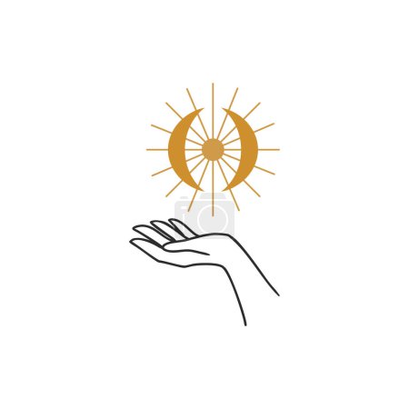 Illustration for Moon in hands gold Mystical logo. Vector Illustration. Minimalist Line art Style. Boho, Esoteric. Bohemian Logo Designs. - Royalty Free Image