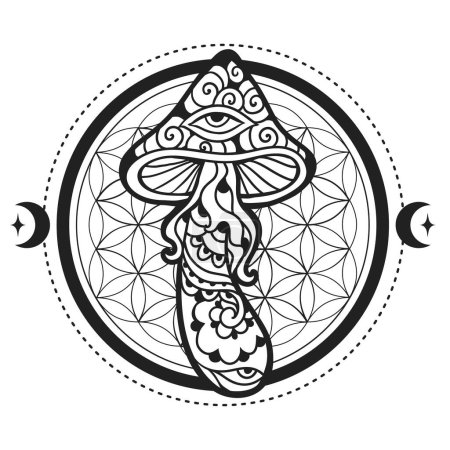 Ilustración de Hongos mágicos geometría sagrada. Ilustración vectorial. Arte zen. Setas decorativas, hippies, esotéricos, objetos místicos. Tinta de los años 60 70 - Imagen libre de derechos