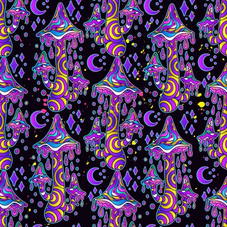 Illustration for Magic Mushrooms. Psychedelic pattern. Vector illustration. Zen art. Decorative mushrooms, hippie, hallucination, psilocybin 60s 70s purple black - Royalty Free Image