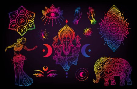 Téléchargez les illustrations : Lord Ganesha, Elephant, Dance, Moon, On, Hand. Inde prête. Dieu avec la tête d'éléphant. vectoriel Illustration Médaillon mandala yoga Or - en licence libre de droit