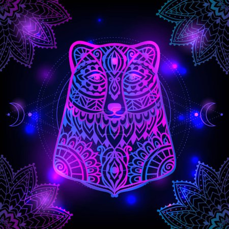 Illustration for Bear space. Psychedelic pattern. Vector illustration. Zen Boho art. Decorative mystical, hippie, hallucination psilocybin 60s 70s - Royalty Free Image